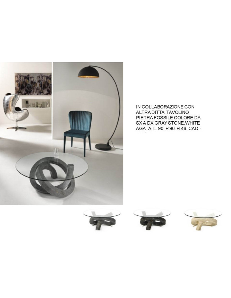 TAVOLINO PIETRA FOSSILE CON PIANO CRISTALLO