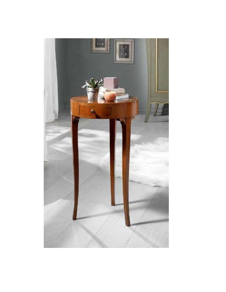 TAVOLINO TONDO 1 CASSETTO IN NOCE INTARSIATO