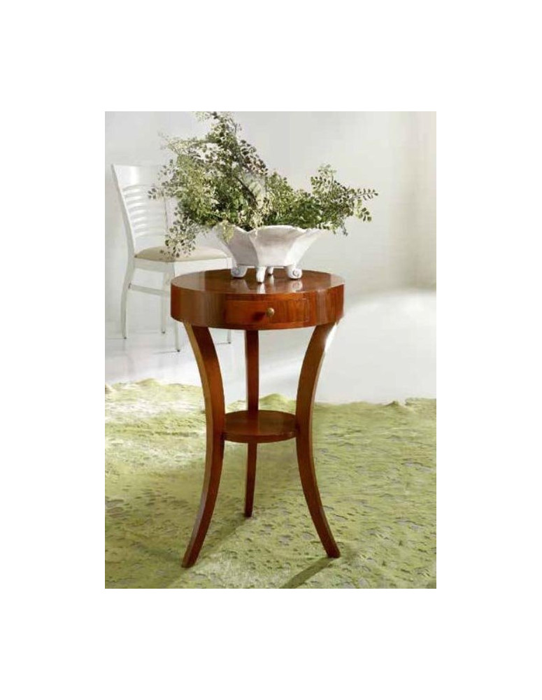 TAVOLINO TONDO 1 CASSETTO  IN CILIEGIO CON RIPIANO NOCE INTARSIATO