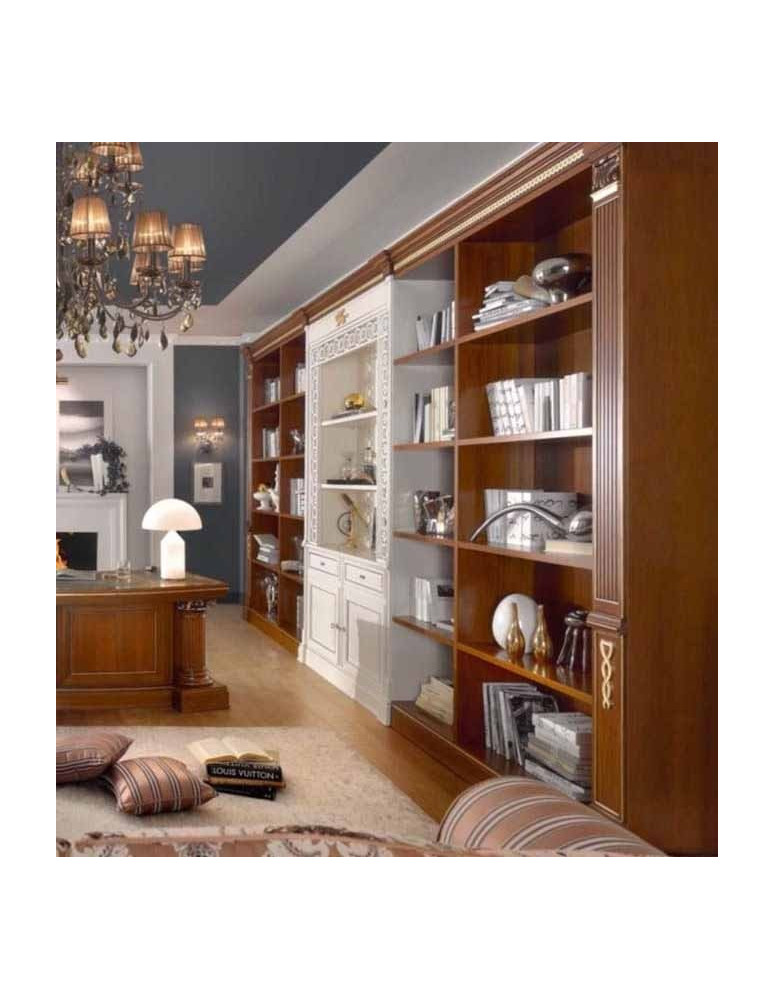 BOISERY A LIBRERIA IN LEGNO PATINATA E VERNICIATA  CON DECORI DORATI CON LIBRERIA CENTRALE LACCATA.LATO DX