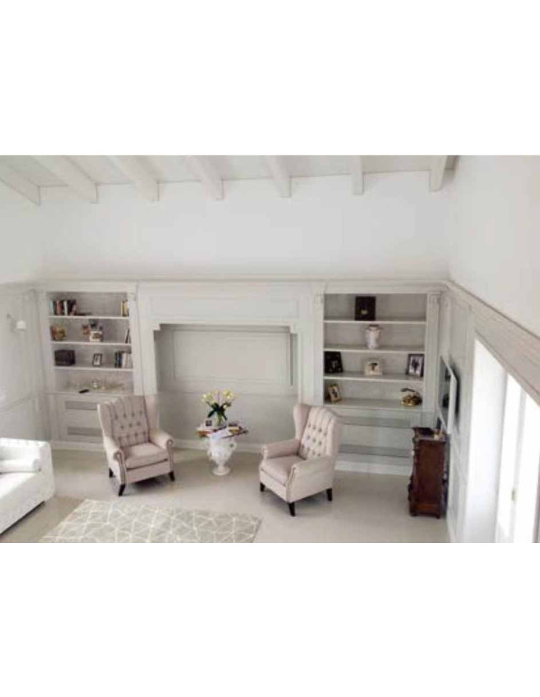 BOISERY IN LEGNO LATERALI CON  LIBRERIE  LACCATA  BIANCA CON DECORY