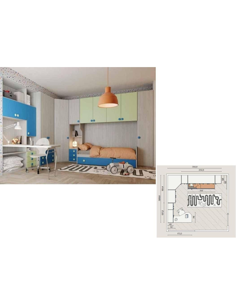 CAMERETTA FUNZIONALE CON PONTE ANGOLARE, LIBRERIA E SCRIVANIA A PARETE