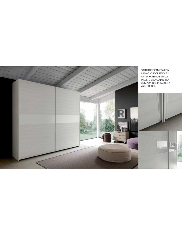 CAMERA CON ARMADIO 2 ANTE SCORREVOLE OLMO BIANCO E INSERTO LUCIDO