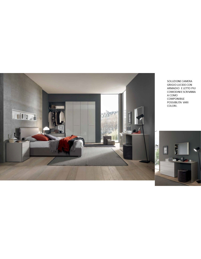 CAMERA CON ARMADIO 4 ANTE BIANCO LUCIDO COMO E PIANO SCRIVANIA