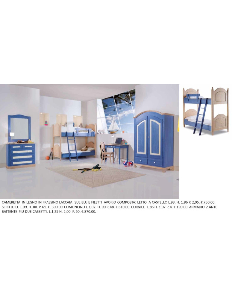 CAMERETTA ABETE LACCATA  SUL BLU E FILETTI  AVORIO