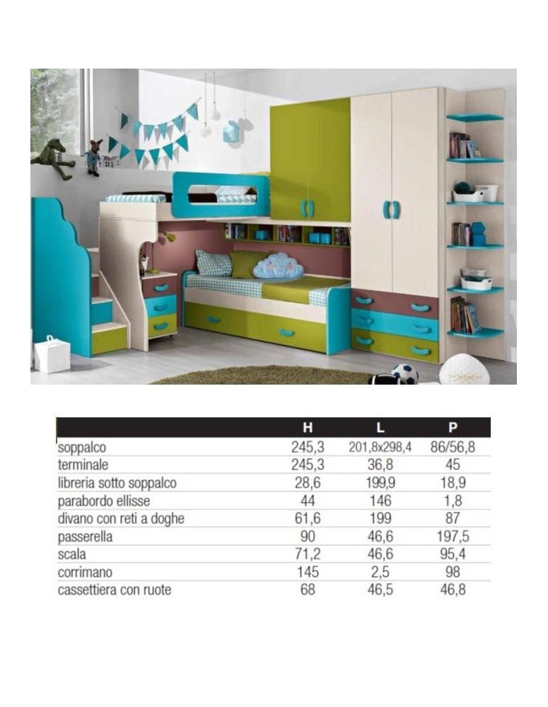 CAMERETTA  ANGOLARE CON  LETTO A SOPPALCO CON SCALETTA E DIVANO CON LETTO