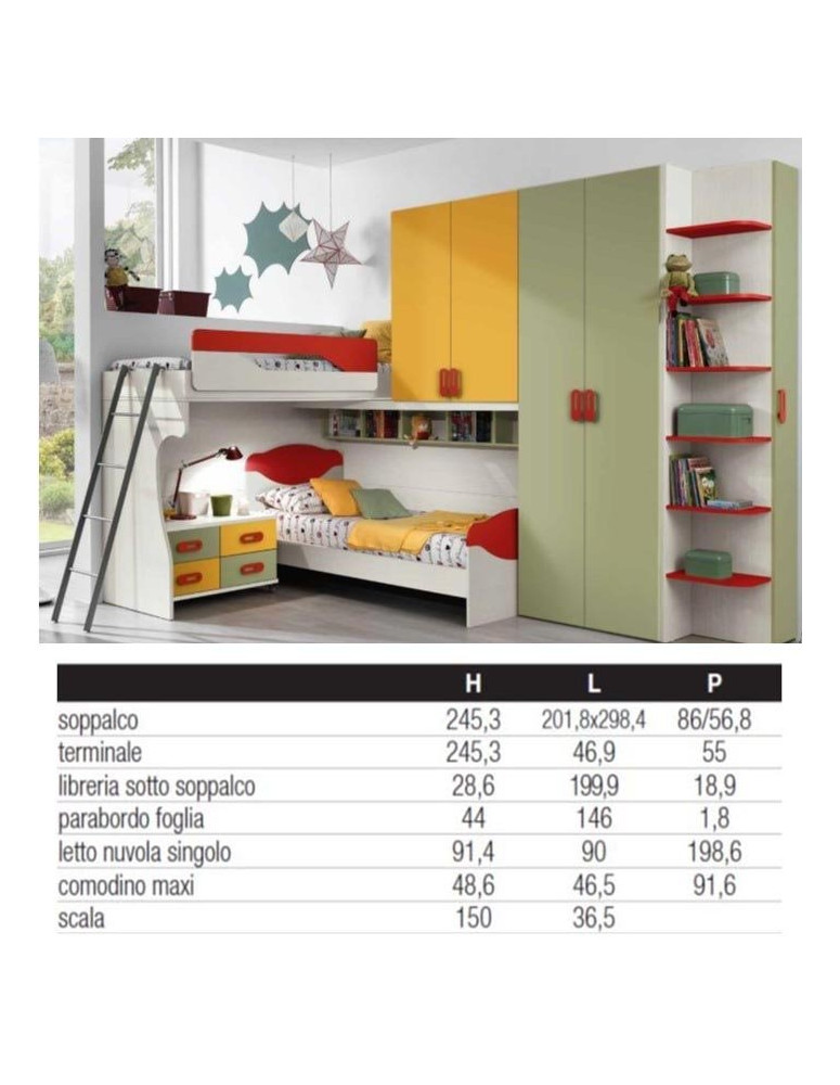 CAMERETTA  ANGOLARE CON  LETTO A SOPPALCO E LETTINO SOTTO PIU ARMADIO