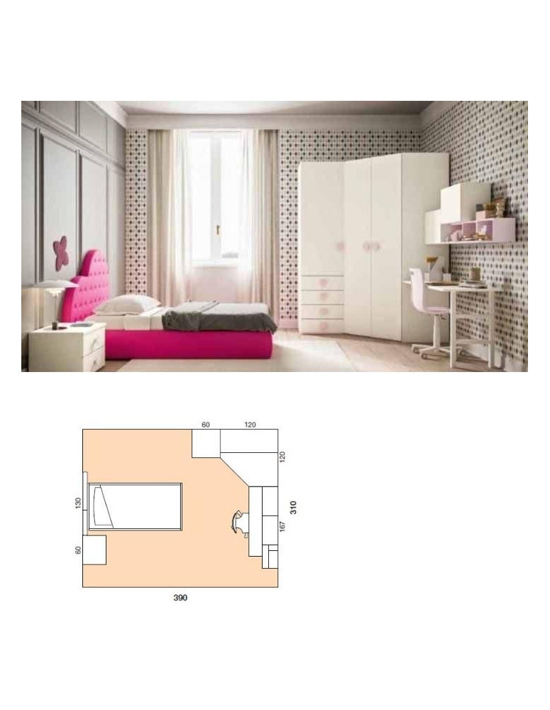 CAMERETTA CON ARMADIO ANGOLARE SCRIVANIA E LETTO