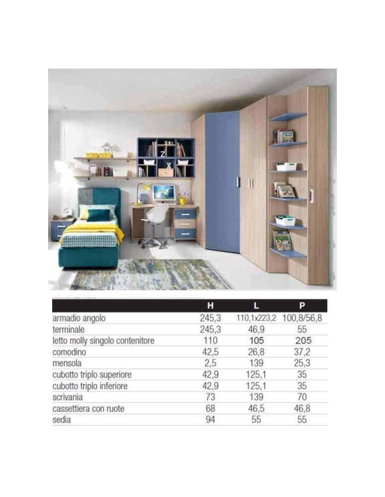 CAMERETTA  ANGOLO CON LETTO DA 90 CABINA ARMADIO E LIBRERIA PIU SCRIVANIA E MENSOLE