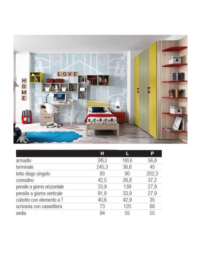 CAMERETTA CON LETTO SINGOLO SCRIVANIA E ARMADIO BATTENTE