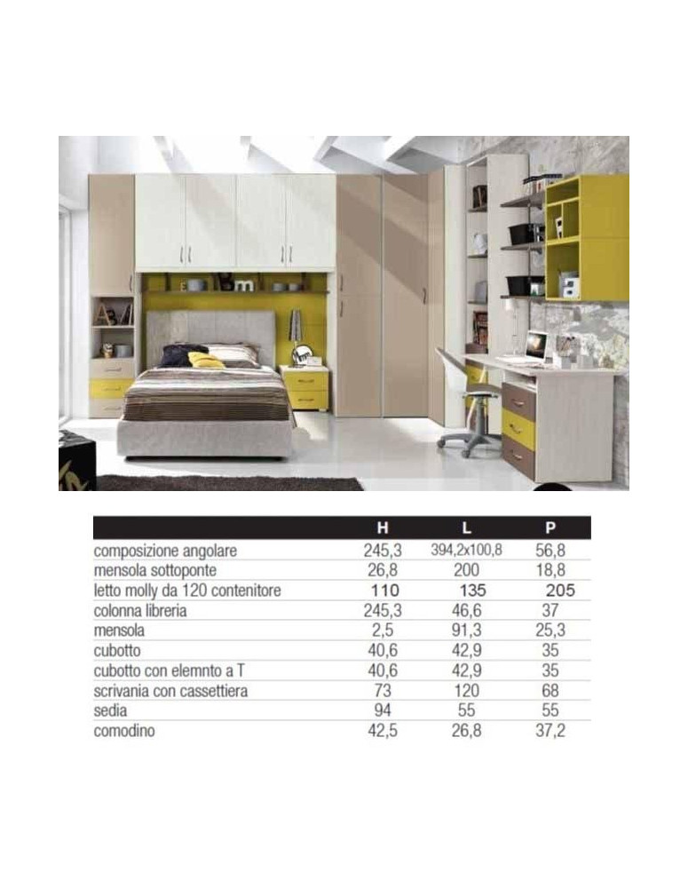 CAMERETTA CON ARMADIO ANGOLARE E LETTO PIU SCRIVANIA