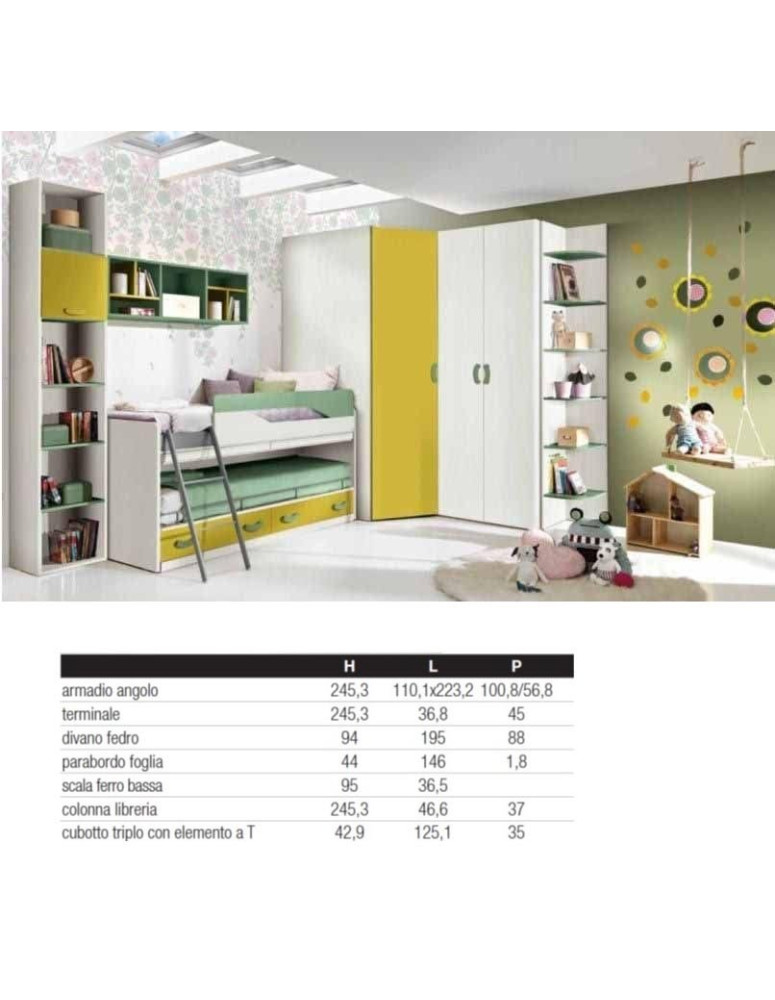 CAMERETTA CON DOPPIO LETTO CON CASSETTI E ARMADIO ANGOLARE