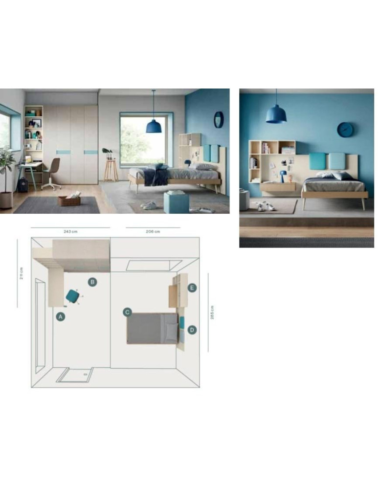 CAMERETTA CON ARMADIO  A 4 ANTE BATTENTE  E LIBRERIA LATERALE SX